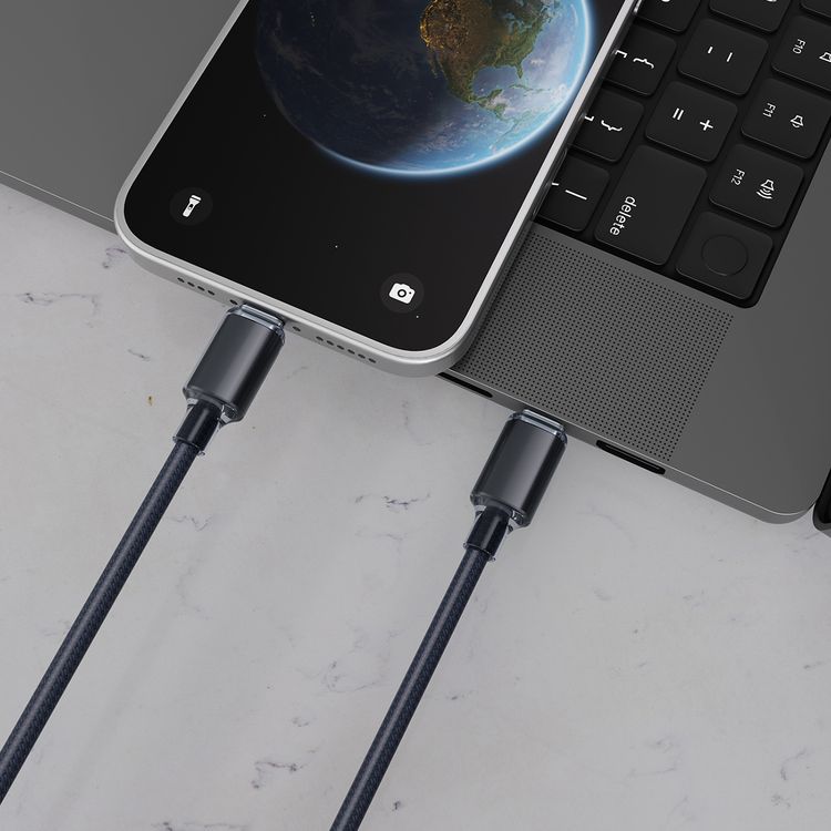 Porodo USB-C to Lightning Braided Cable with 27W Power Delivery, 1m Cable Length, Fast Charge & Data Transfer, Tangle-Free Design, 480Mbps Data Transfer Rate - Black