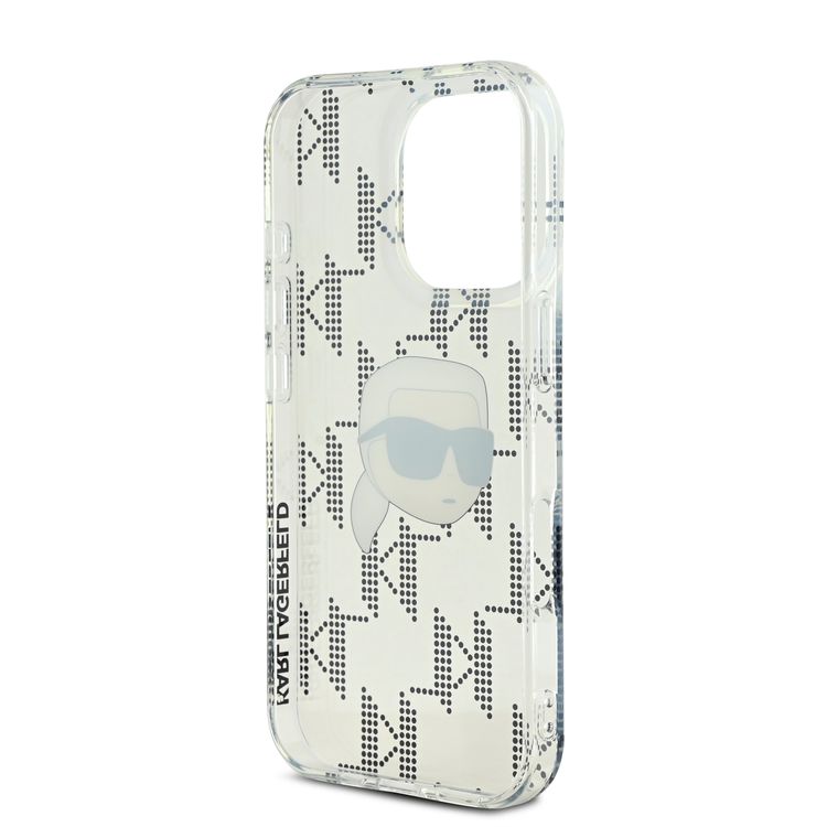 جراب Karl Lagerfeld IML الصلب مع تصميم Karl Head &amp; Monogram مطلي بالكهرباء لهاتف iPhone 16 Pro - شفاف