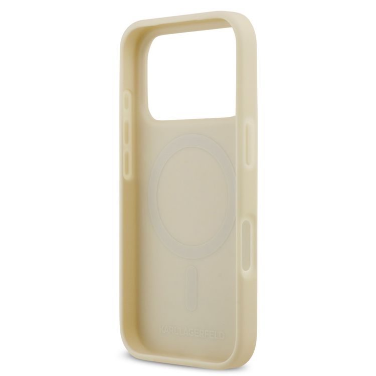 كفر كارل لاغرفيلد من الجلد الصناعي مع دبابيس على شكل رأس كارل وشوبيتي لهاتف آيفون 17 برو ماكس، متوافق مع MagSafe، ذو تصميم نحيف، يوفر حماية من الصدمات، بمسكة مريحة، بعبوة مستدامة، وسهل التركيب، وخفيف الوزن - بيج
