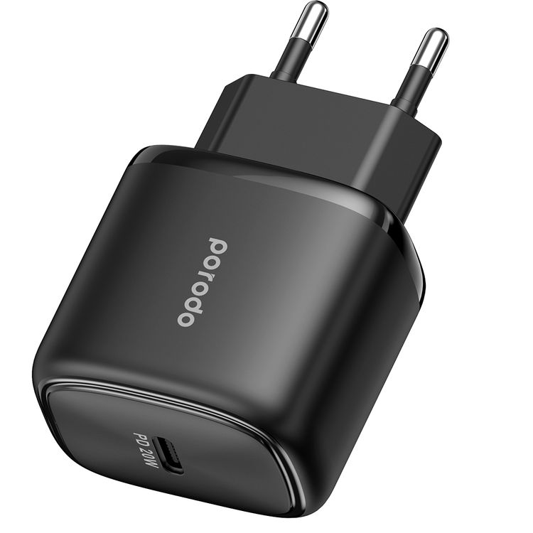 Porodo EU Quick Charger with 1.2m USB-C to USB-C Cable, 20W Power Delivery, Overheat Protection, Simultaneous Charging, 0%-60% Charge in 35 Minutes - Black