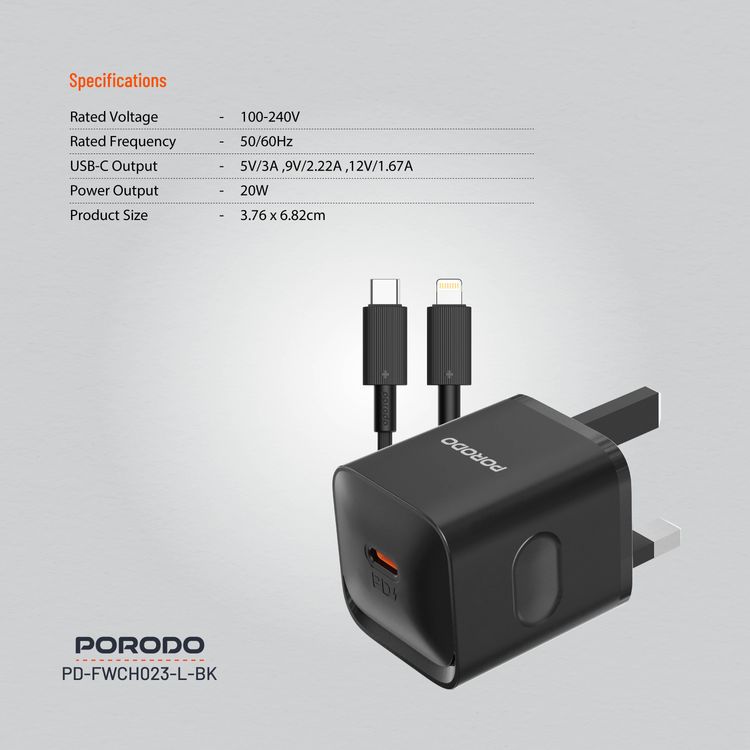 Porodo شاحن حائط بقوة 20 واط (UK) مع كابل Type-C إلى Lightning، حماية من الحرارة الزائدة، محمول - أسود