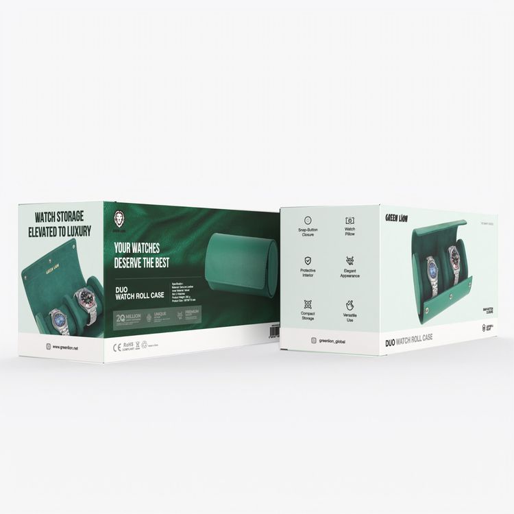 Green Lion Duo Watch Roll Case with 2 Watch Slots, Genuine Leather, Snap-Button Closure, Protective Interior, Compact Storage, Versatile Use - Rolex Green