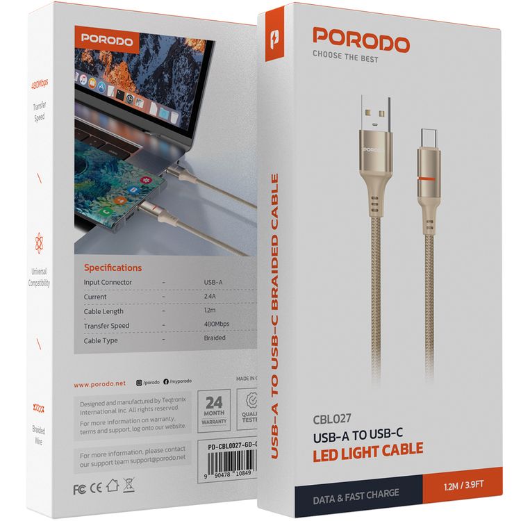 كابل ضوء LED من Porodo USB-A إلى USB-C مع تيار 2.4A، سرعة نقل 480 ميجابت في الثانية، طول الكابل 1.2 متر، شحن سريع ونقل بيانات، سلك مضفر - ذهبي