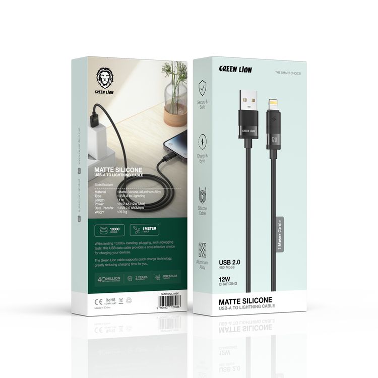 Green Lion Matte Silicone USB-A to Lightning Cable with 12W Charging Power, USB 2.0 480 Mbps Data Transfer, Secure & Safe, Charge & Sync, Matte Silicone + Aluminum Alloy Material, 1m Cable Length - Black