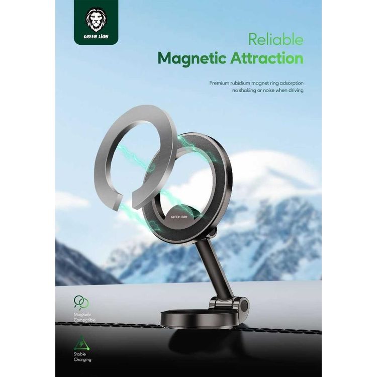 Green Lion MagHold 360 Car Mount, Zinc Alloy Material, Powerful Magnet, Secure & Stable, MagSafe Compatible, Flexible Design - Black