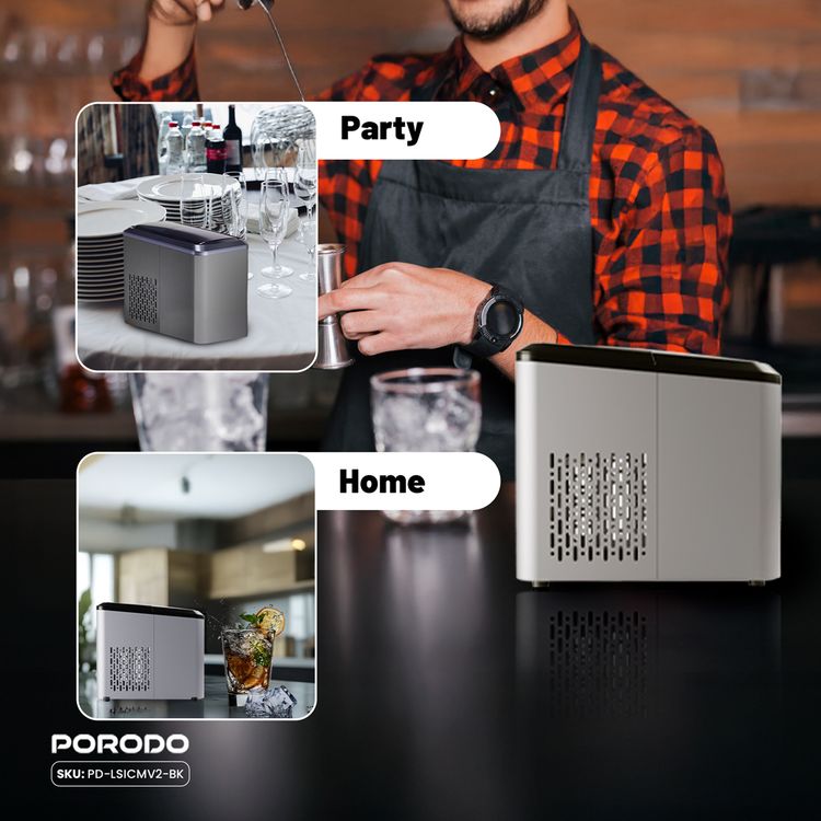 Porodo Lifestyle Portable Outdoor Ice Cube Machine with 2.2L Water Storage Capacity, 8 Minutes Ice Making Time, Small & Large Ice Cubes Maker - Black