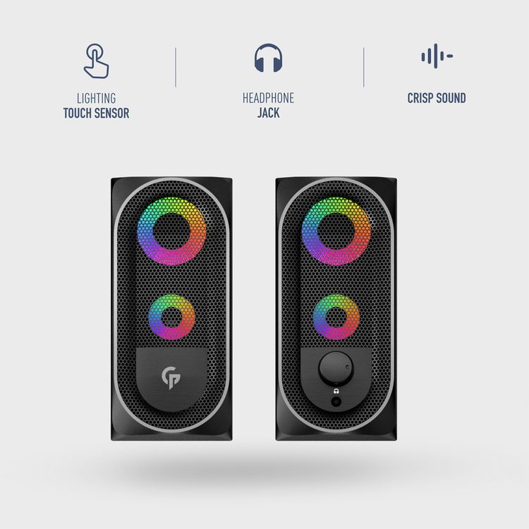 Porodo Gaming Stereo Speakers with RGB Light Effects, USB-A & 3.5mm Plugs, Volume Control Knob, 10W RMS Output, 1.2m Cable Length, Lightning Touch Sensor - Black