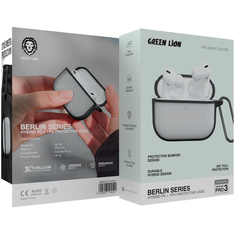 Green Lion Berlin Series Hybrid PC & TPU Protective Case for AirPods 3, Drop Protection, Scratch-Resistant, Wireless Charging Compatible, Carabiner Clip Included, 360° Full Protection, Protective Bumper Design - Gray