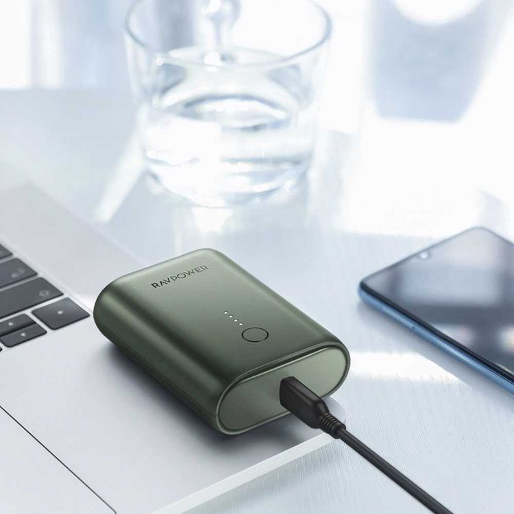 RAVPower 2-Port PD Pioneer Mini Power Bank 10000mAh 18W with Overcharging Protection - QC Fast Charging Portable Charger Powerbank - Compact Size Design - Dark Green
