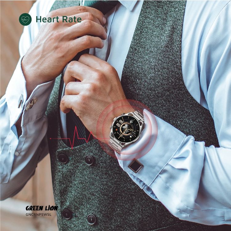 ساعة جرين ليون كرونو برو الذكية بشاشة AMOLED بقياس 1.6 بوصة، بطارية 360 مللي أمبير، تصل مدة عملها إلى 7 أيام، سطوع 1000 شمعة، تتبع النشاط، مراقبة الصحة، ساعة توقيف ومنبه - فضي