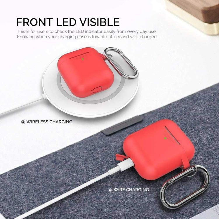 AhaStyle Keychain Silicone Case with Anti-Lost Ring for AirPods 1/2 Generation, Drop Resistant, Dustproof and Absorbing Protective Cover with Hang Case Red