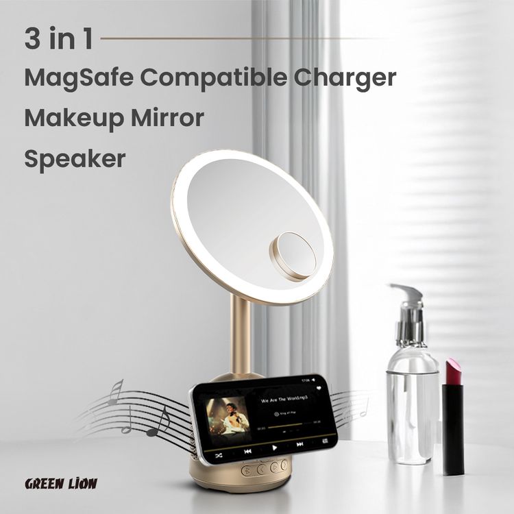 Green Lion Makeup Mirror with Bluetooth Speaker, MagSafe Charger, 3-Level LED Light, Bluetooth Version 5.1, 5000-6500K Color Temperature, 26 LED Beads, 60° Rotation, Type-C Charging Port, ABS & Glass Material - Gold