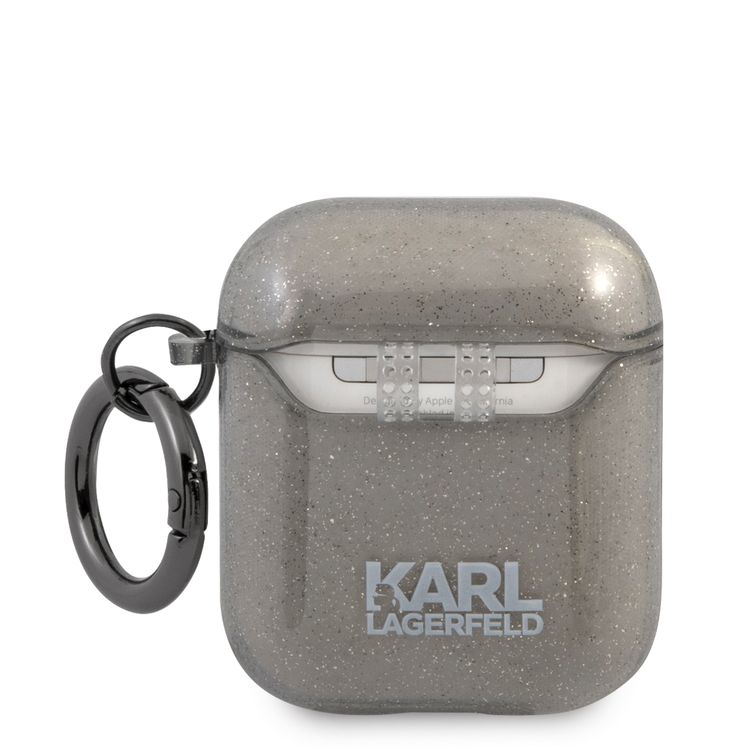 CG Mobile Karl Lagerfeld TPU Glitter Printed Embossed Choupette with Ring Case Compatible with AirPods 1 & 2, Scratch & Drop Protection Cover Officially Licensed - Black