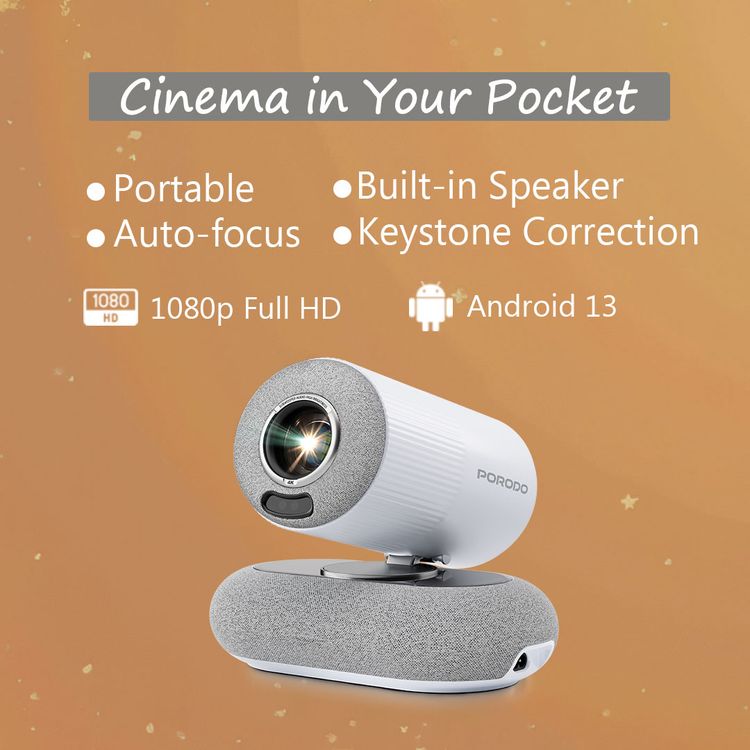 Porodo Lumacast Smart Full HD Projector with Auto Focus & Keystone, Cinematic Screen Viewing, Wireless Screen Mirroring, Android 13 Operating System - White