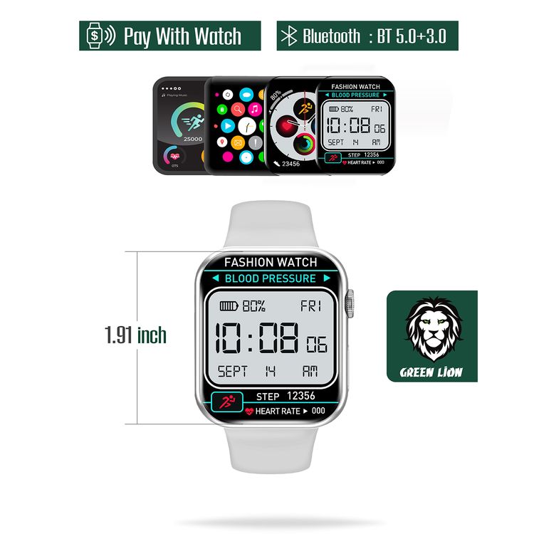 Green Lion Active Pro Smart Watch with Silicone Strap Included, Double Tap Function, Waterproof, Full Round Display, 230mAh Battery Capacity, Long Battery Life - Silver