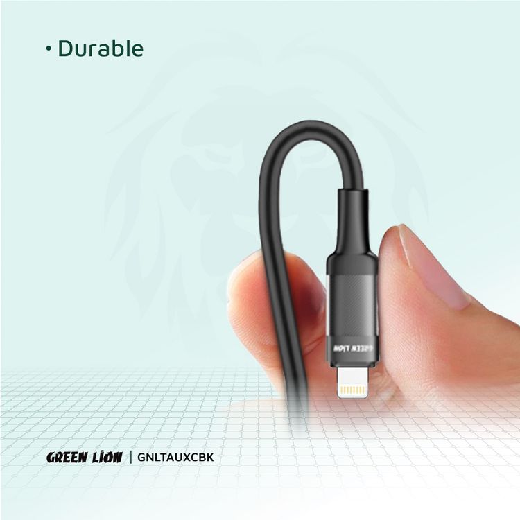 Green Lion Lightning to AUX Braided Cable with 10000 Bends Lifespan, 1m Cable Length, Stable Signal, Copper Core, Transparent + Braided - Black