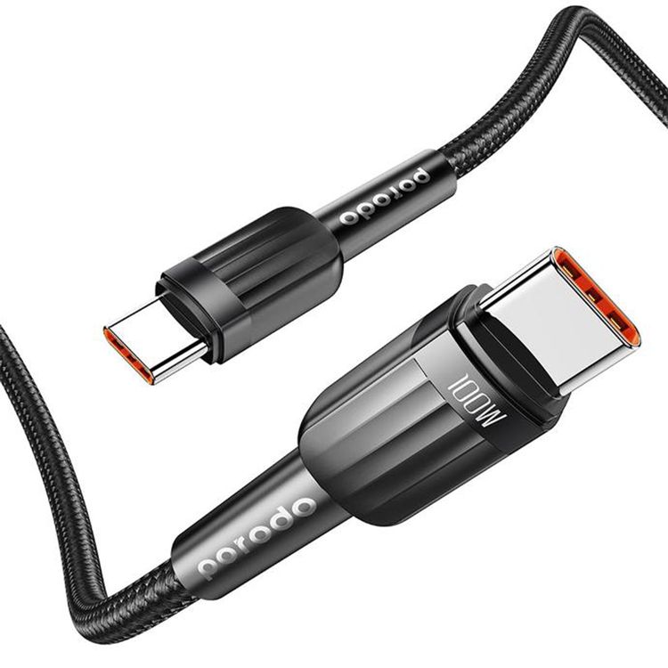 شاحن سيارة Porodo 50 وات بمنفذين مع كابل USB-C إلى USB-C، إجمالي خرج 50 وات، شحن متزامن، محمول، طول الكابل 1 متر - أسود