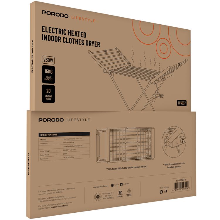 Porodo Lifestyle Electric Heated Indoor Clothes Dryer with 2m UK 3-Pin Plug, 15kg Load Capacity, 20 Heating Tubes, Quick Access Power Switch, 230W Rated Power - Silver