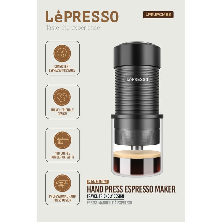 LePresso Professional Hand-Press Espresso Maker with 9 Bar Pump Pressure, Standard 51mm Portafilter, 80mL Water Tank Capacity, 15-18g Coffee Powder Capacity, 304 Stainless Steel & Aluminum Alloy Materials, Travel-Friendly Design, 2 Cups of Espresso - Black