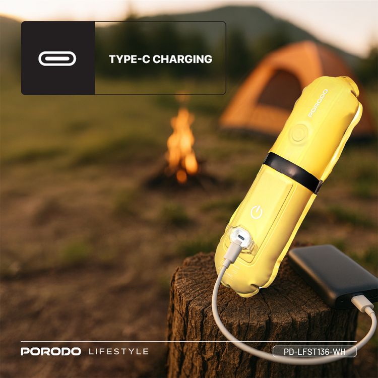 Porodo Inflatable Outdoor Magnetic Tube Light with Warm & White Light, Up to 15 Hours Working Time, Magnetic Attachment, Up to 150 Lumens Brightness, 2000mAh Battery Capacity, Type-C Charging Port, TPU Material - White