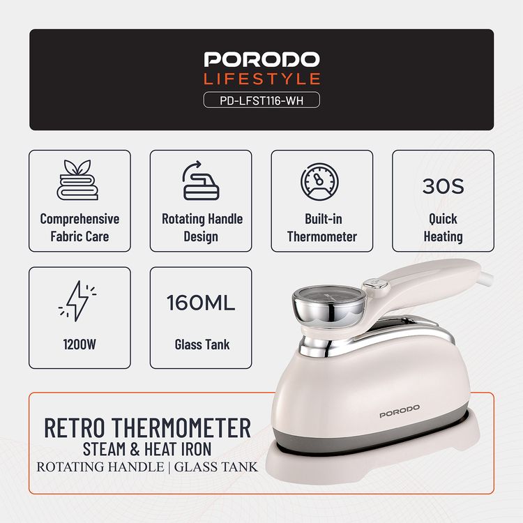 Porodo Lifestyle Retro Thermometer Steam & Heat Iron with Rotating Handle Design, 1.7m Power Cable, 30-Second Quick Heating, 1200W Rated Power - White