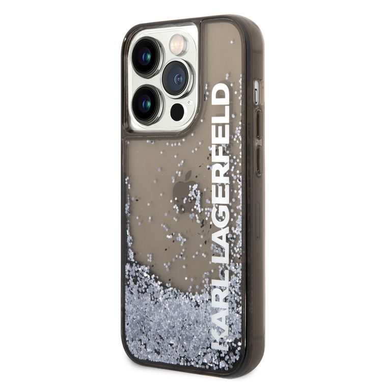 Karl Lagerfeld Liquid Glitter Elong Silicone Case Protector Compatible with iPhone 14 Pro - Black
