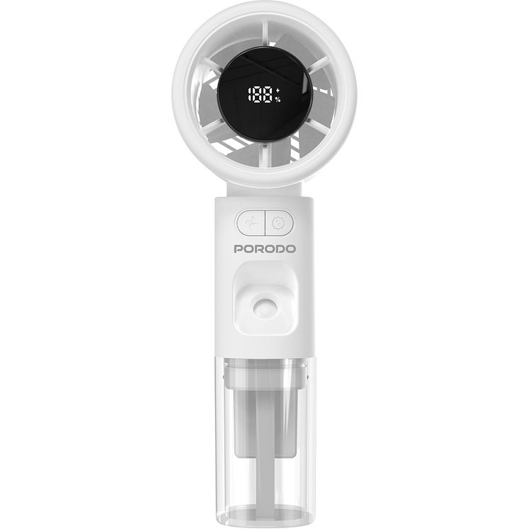 Porodo Cool & Hydrate Mini Fan & Humidifier with 100 Speed Levels, Up to 5 Hours Working Time, Whisper-Quiet Operation, LED Digital Display, 2000 mAh Battery, USB-C Charging Port - White