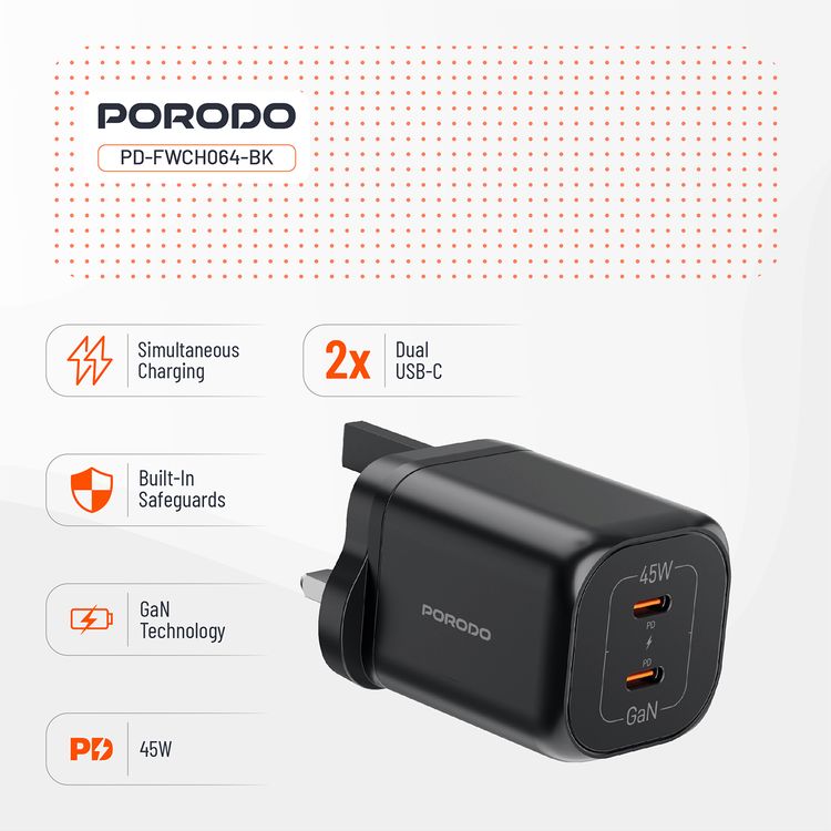 Porodo شاحن حائط سريع بمنافذ USB-C مزدوجة بقدرة 45 واط وتوصيل الطاقة، بتيار أقصى 0.5 أمبير، مزود بحمايات مدمجة، قابس بثلاثة دبابيس للمملكة المتحدة، شحن متزامن، بتقنية GaN - أسود