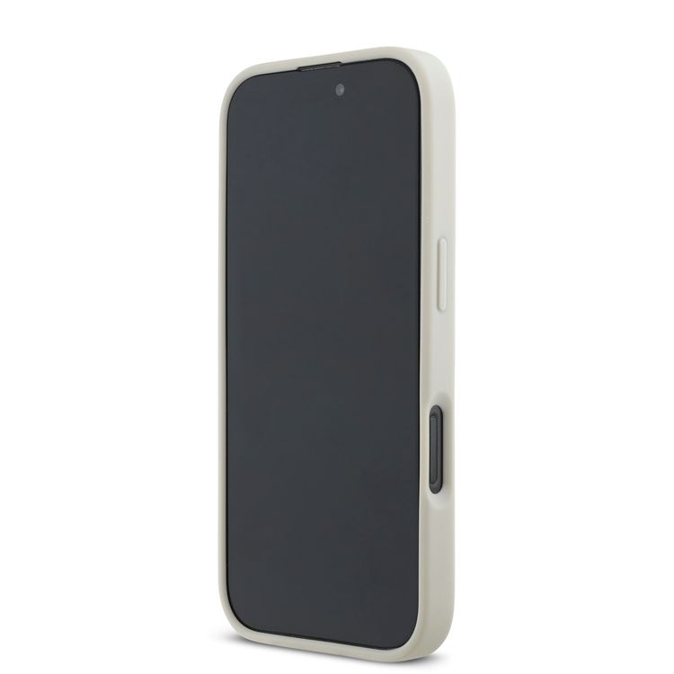 Karl Lagerfeld Saffiano Leather Hard Case with Elongated Metal Logo for iPhone 16 Pro, Drop Protection, Slim Profile - Beige 