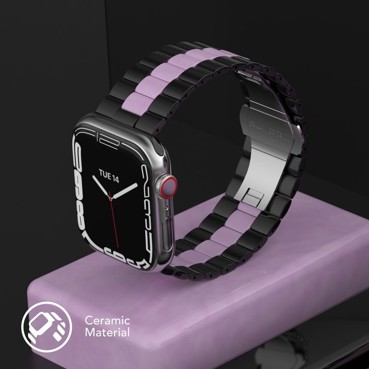 Levelo Enigma Ceramic Watch Strap for Apple Watch 42/44/45mm, Quick-Release Pins, Corrosion-Resistant, Easy Installation, Anti-Scratch - Black / Pink