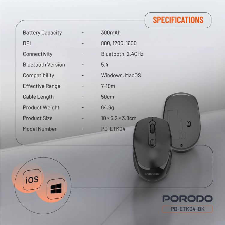 Porodo Dual Mode Wireless Mouse with Adjustable DPI Up to 1600, 7m to 10m Effective Range, 300mAh Battery Capacity, Bluetooth V5.4, Ergonomic Design, Plug & Play - Black