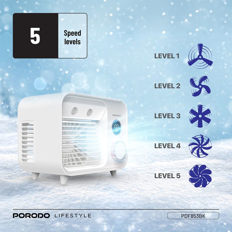 Porodo Mini Mist Fan Desktop Air Cooler with LED Display & Knob Control, 250mL Tank Capacity, 2000mAh Battery, 7.4W Rated Power, Up to 7 Hours Working Time, USB-C Charging Port, 5 Speed levels, Instant Cooling Mist - White
