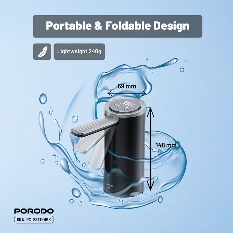 Porodo Lifestyle Foldable Electric Water Pump with 1200mAh Battery Capacity, 6000RPM Motor Speed, 4W Rated Power, 4-18.9L Bucket Capcacity, Quantative Pumping, Rechargeable Battery, Digital Display, Compact & Portable - Black