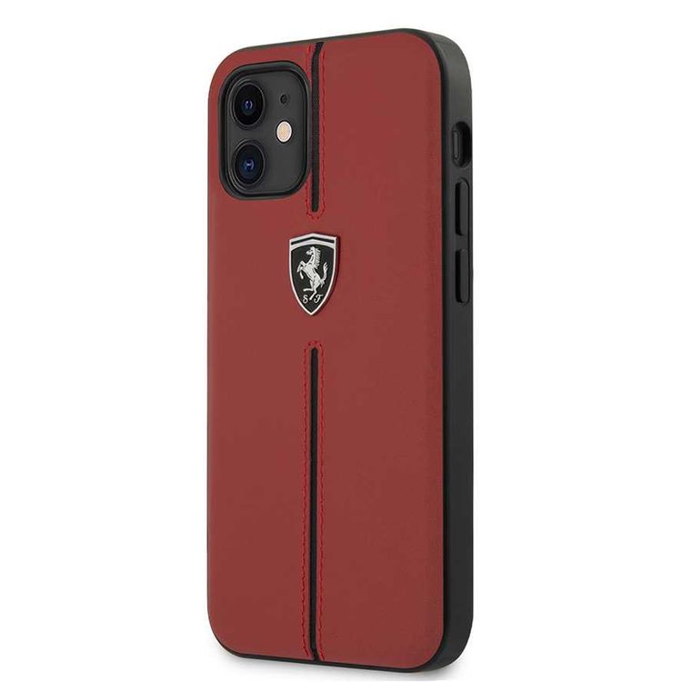 CG Mobile Ferrari Off Track Genuine Leather Hard Case with Contrasted Stitched Nylon Middle Stripe for iPhone 12 Mini (5.4")  Officially Licensed, Shock Resistant - Red