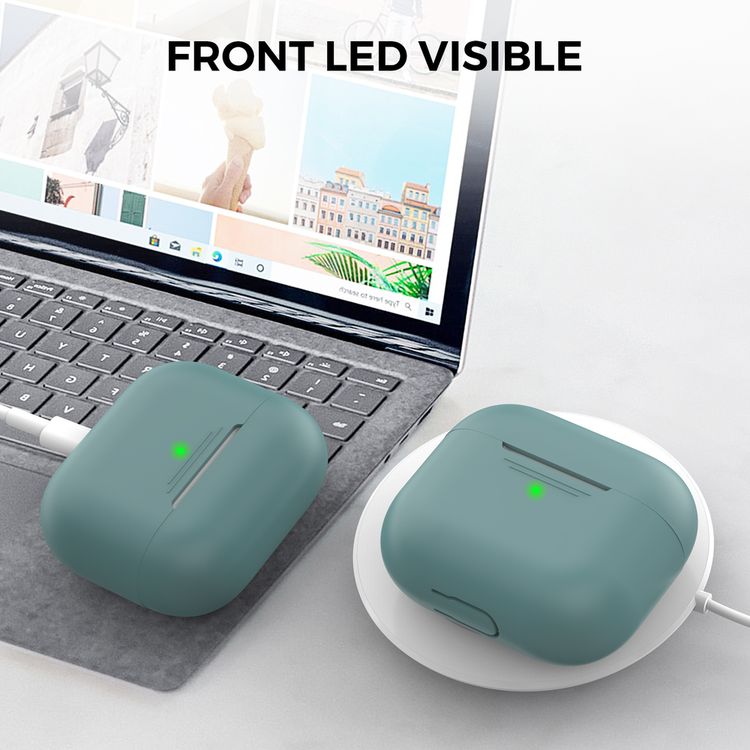 AhaStyle PT176-MG Full Cover Silicone Case for Airpods 3 Drop Shock Protection, Front LED Visible Cover with Carabiner Suitable with Wireless Chargers - Green