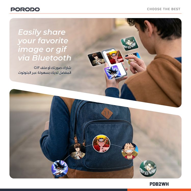 Porodo Robo Tag 1.85" Badge Magic Pro with Round HD Screen, USB-C Charging Interface, Adjustable Brightness, High-Definition Screen, Badges Image Transfer, Bluetooth Version 5.4, Sensitive Touch Control, Multi-Color Option, Image Display + GIF Animation + 3-Second Video Display Mode - White