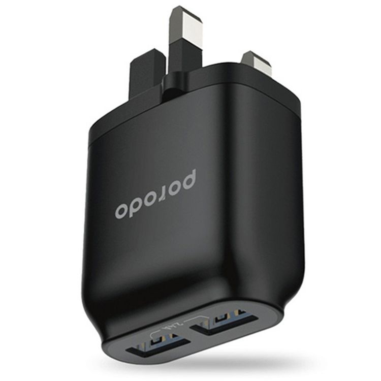 Porodo Dual Port UK Wall Charger with USB-A to Lightning Cable, Fast Charging & Auto ID Support, 2.4A USB-A Current, Fireproof Material, Overheat Protection, Protective Safeguard - Black