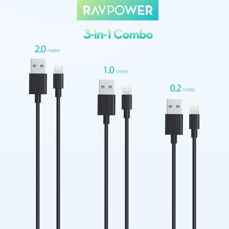 RAVPower 3-Pack USB Cable ( 2m / 1m / 0.2m ) Compatible with iPhone Lightning Devives - Charge & Sync Cord - Durable Fast Charging Connector with Overcharge Protection - Black