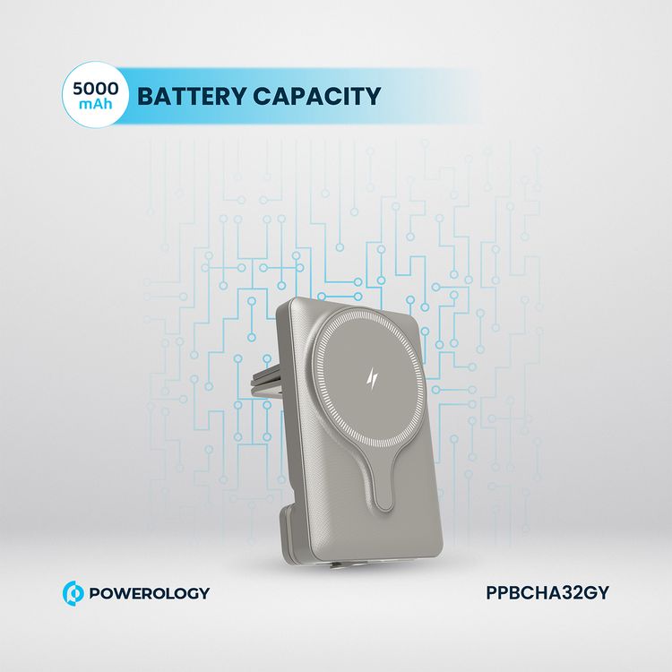 Powerology Car Mount 5000mAh Power Bank with Magnetic Wireless Charger, MagSafe Charging, PD 20W Fast Charge, Folding Air-Vent Clip, LED Indicator, Built-In Type-C Cable, Lightweight & Portable - Titanium