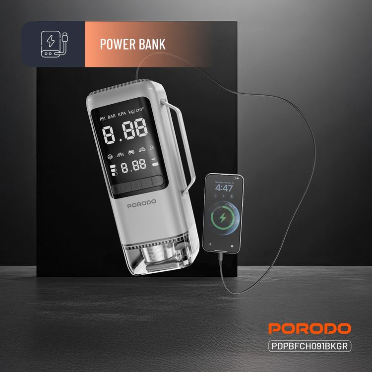 Porodo 6-in-1 Multifunction Power Tool with 8000mAh Power Bank, 1000A Jump Starter, 273m/s Blower, 5000Pa Car Vacuum, 200 Lumens LED Lights with SOS Mode, 22L/min Tire Inflator, 284m/s Suction Speed, 5000Pa Max Pressure, 1m USB-C Cable, 35cm Air Hose Length - Black / Gray