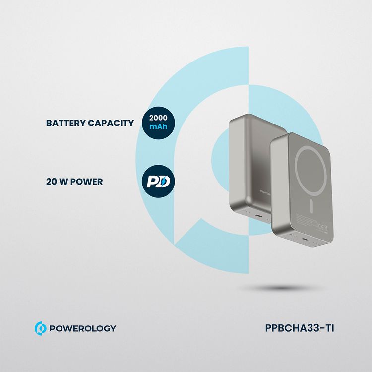 بنك الطاقة Powerology MagSafe من الألومنيوم بقدرة 20000 مللي أمبير في الساعة مع مؤشر لمستوى البطارية، تصميم خفيف الوزن وصغير الحجم، شحن سريع ومتزامن، مدخل ومخرج من النوع C، مخرج لاسلكي 15 وات - تيتانيوم