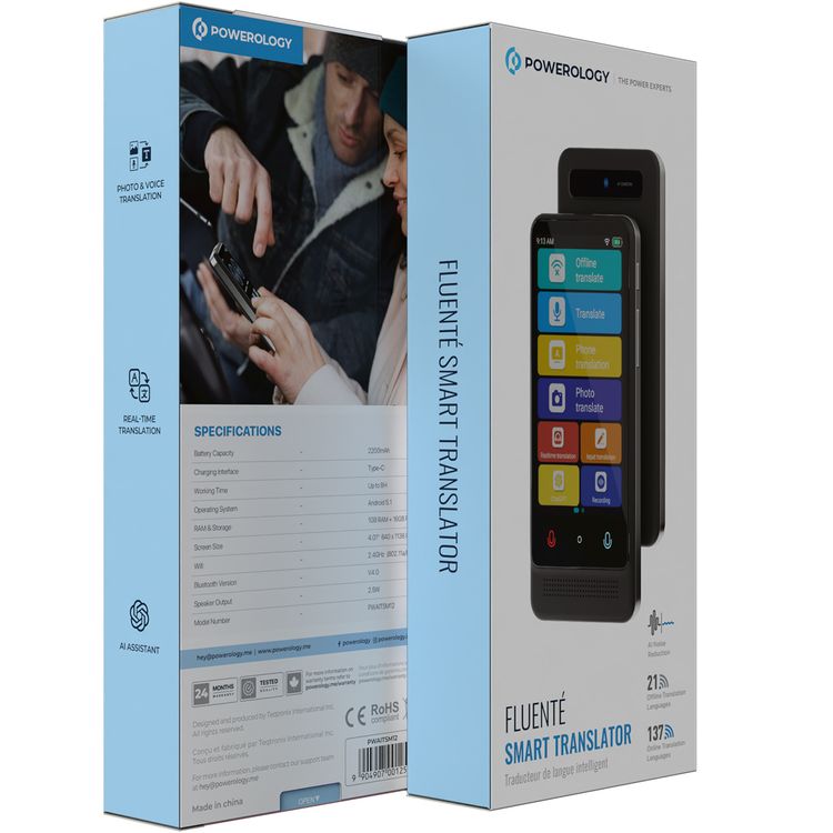 Powerology Fluenté Smart Translator with Real-Time Photo & Voice Translation, Up to 8 Hours Working Time, 2200mAh Battery Capacity, 1GB RAM, 16GB ROM, Type-C Charging Interface, 21 Languages Offline Translation, AI Assistant - Black