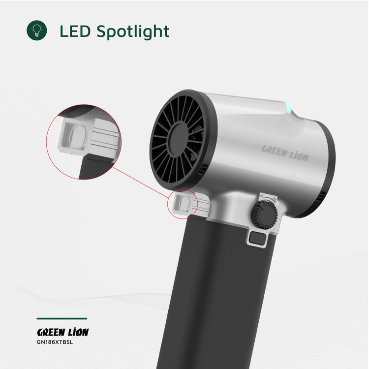 منفاخ توربو GB-186X من Green Lion بسعة بطارية 4000 مللي أمبير في الساعة، ومدة شحن 2.5 ساعة، ومدة عمل من 6 إلى 80 دقيقة، ومنفذ شحن تيار مستمر، ومادة طلاء ABS والسيليكون والمعادن - فضي