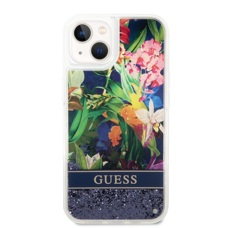 Guess Liquid Glitter Case with Flower Pattern Extra Shine Smooth Touch Feel iPhone 14 Compatibility - Blue