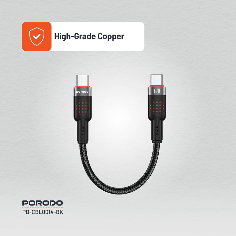 Porodo  Aluminum Alloy 25cm Braided Cable Type-C to C, PD 60W, 480Mbps Transfer Speed, more than 15000 Bends Life Span, Tangle Free - Black