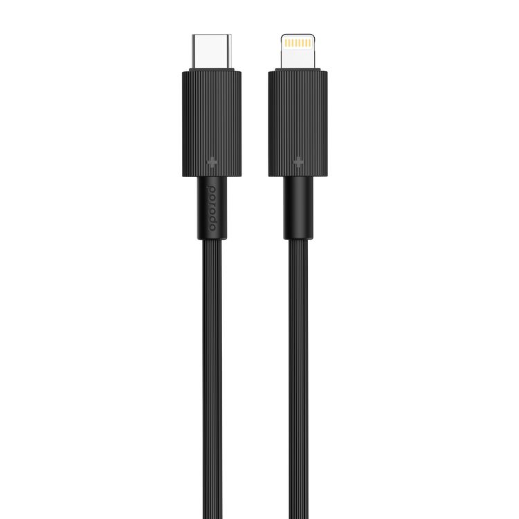 Porodo PD+QC 20W Wall Charger with Type-C to Lightning Cable, Dual Port, 1.2m Cable Length, UK Plug, Simultaneous Charging, Over-Heat Protection - Black 
