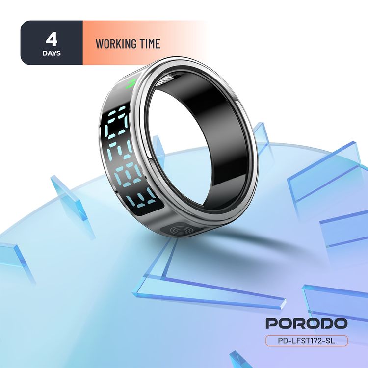 Porodo FitSync Smart Ring with Digital Display with Touch Scroll Function in Small Size 7, Up to 4 Days Active Use Time, 96KB Ram & 128KB ROM, Camera Gesture Control, Activity Tracking & 128 Sport Modes - Silver