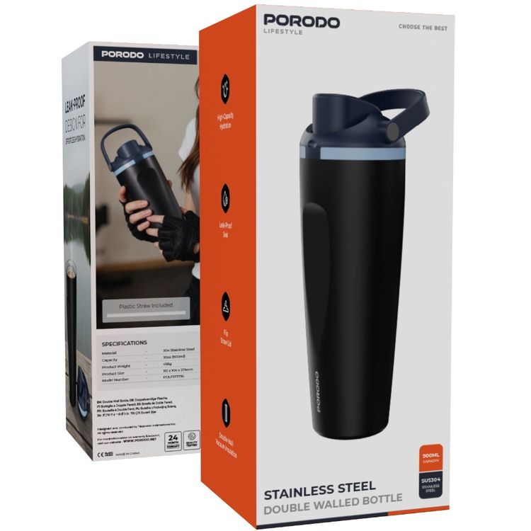 Porodo Stainless Steel Double-Walled Bottle with 900mL Capacity, Leak-Proof Seal, Plastic Straw Included, Portable Design, High-Capacity Hydration - Black