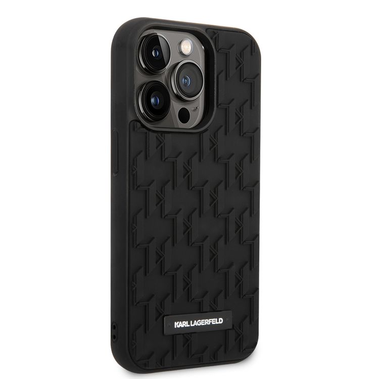Karl Lagerfeld Case with 3D Rubber Monogram Pattern & Metal Plate Logo iPhone 14 Pro Max Compatibility - Black