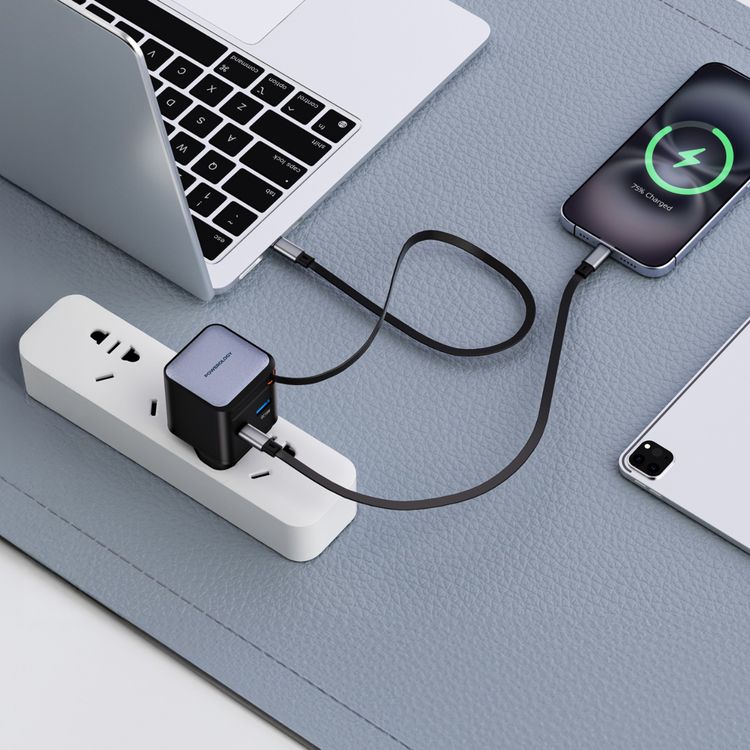 Powerology Dual Port Retractable GaN Charger, Built-in Safeguards, 3-Device Charging, 65W Power Delivery, Fire Proof Material, Patented Design, 75cm Retractable Type-C Cable - Black